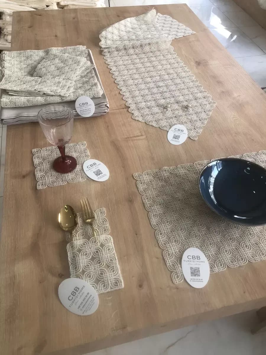 Sofra Takımı Orion Gardenya Keten Yemek Takımı 160x260 Masa Seti 26 Parça Runner Set Kapiçino