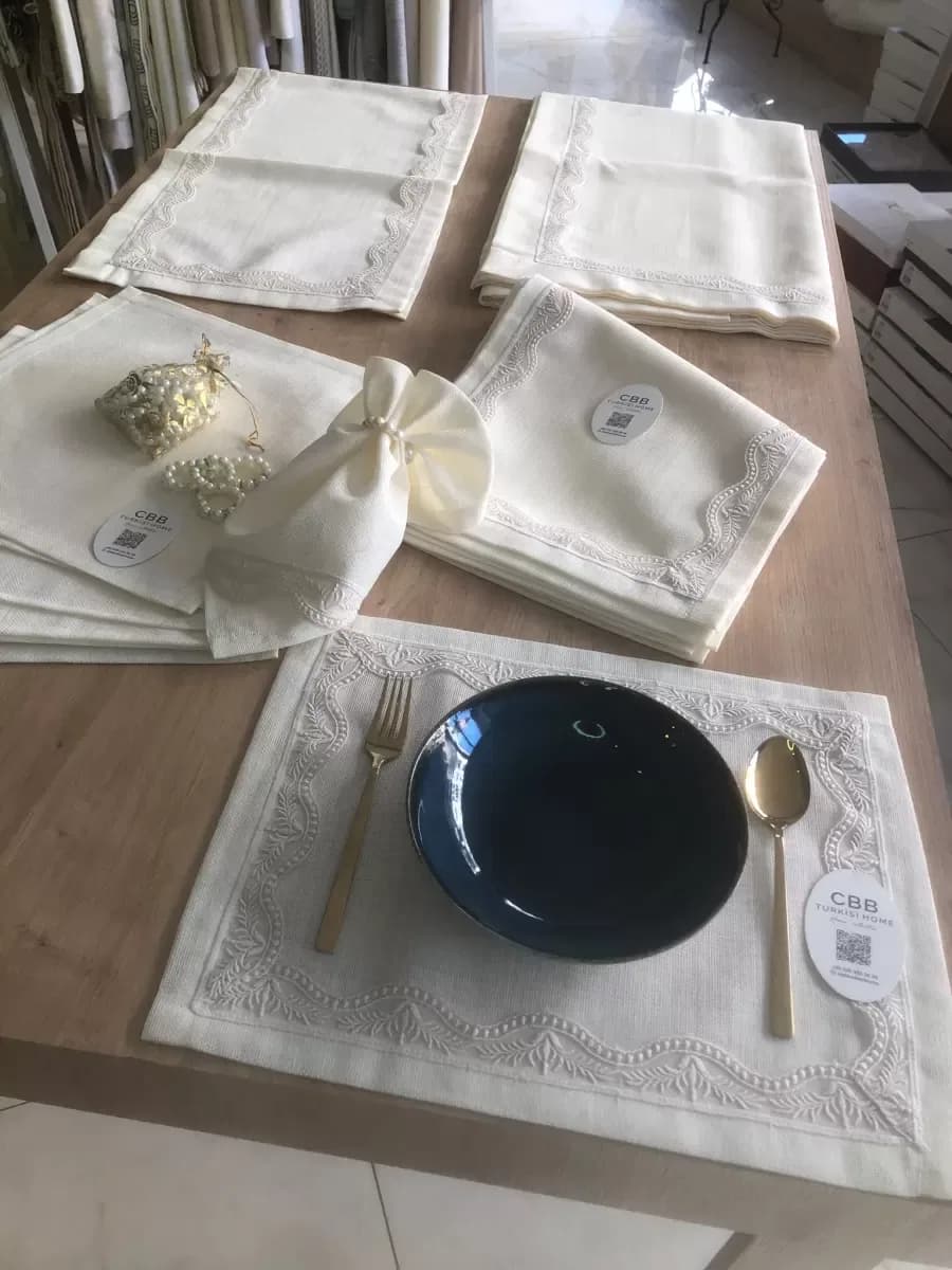 Sofra Takımı Lina Gardenya Keten Yemek Takımı 160x260 Masa Seti 26 Parça Runner Set Krem
