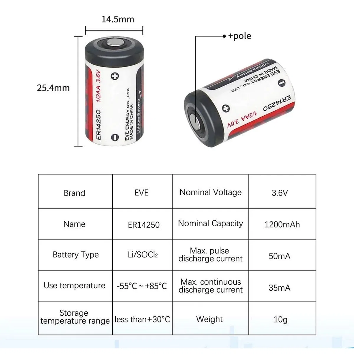 Eve Er14250 1/2aa Size 3. 6v 1200 Mah Şarjsız Li-socl2 Lithium Pil
