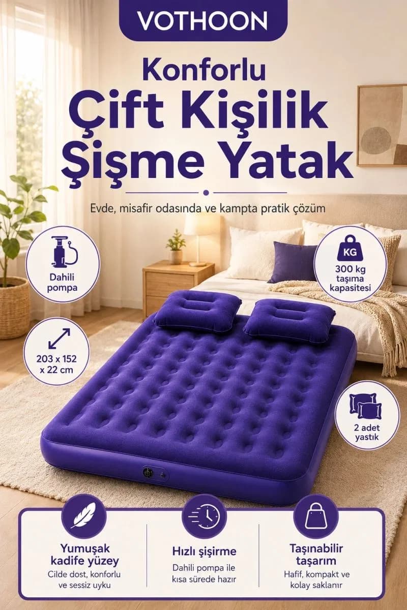 Çift Kişilik Şişme Yatak Dahili Pompalı 203x152x22 Cm 2 Yastıklı