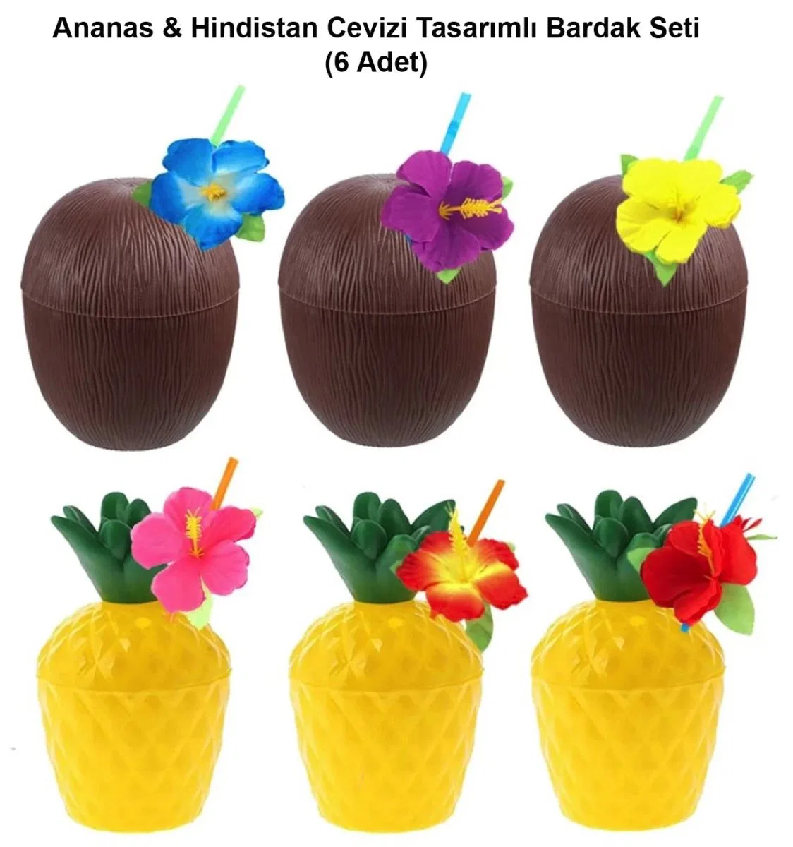 Ananas Hindistan Cevizi Tasarımlı Pipetli Bardak Seti (6 Adet)