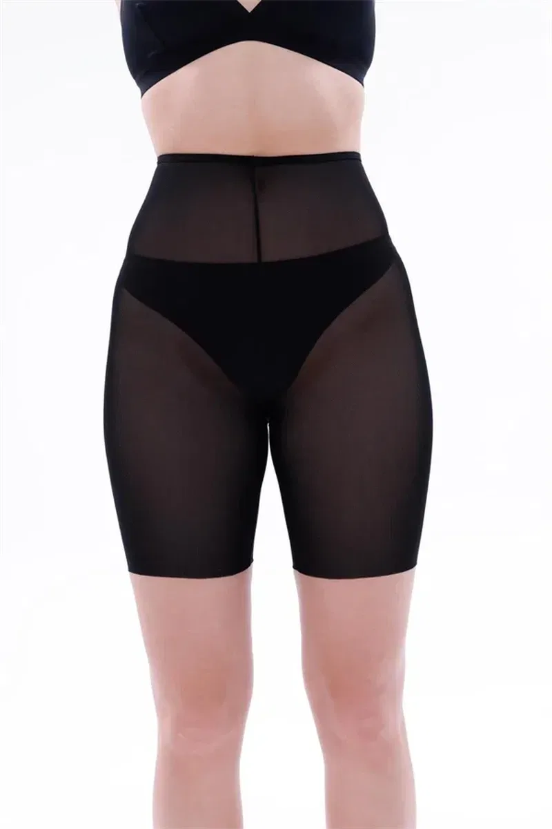Siyah Lazer Tül Toparlayıcı Paçalı Boxer Hayalet Korse