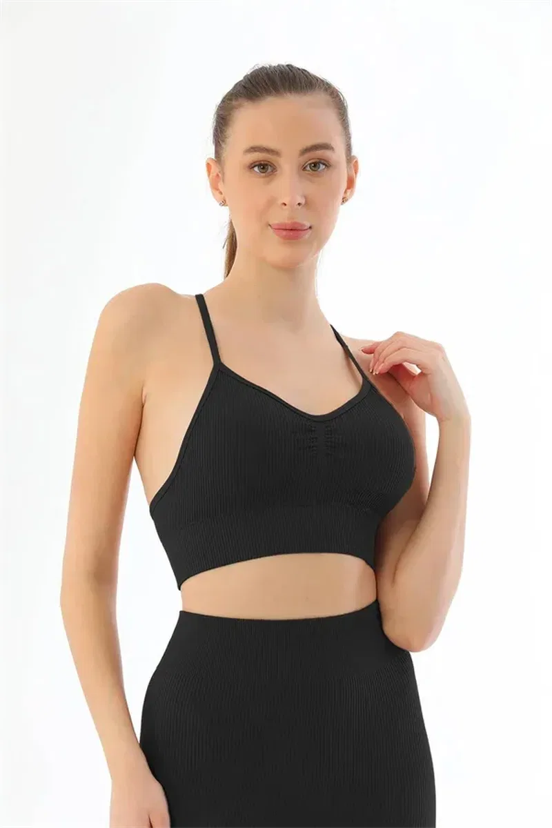 Siyah MI 3921 Soft Seamless Ripli Tayt Yoga Takımı