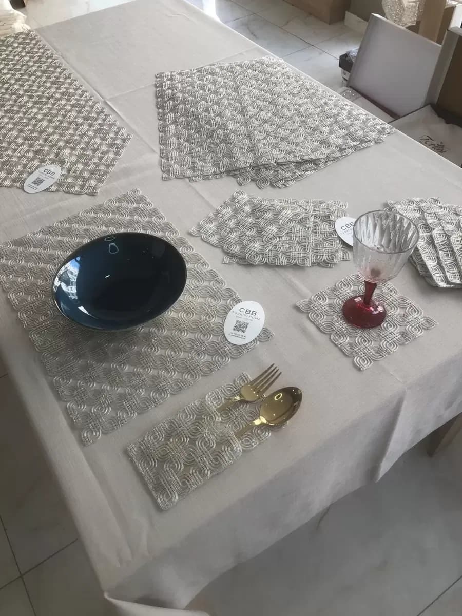 Sofra Takımı Orion Gardenya Keten Yemek Takımı 160x260 Masa Seti 26 Parça Runner Set Platin