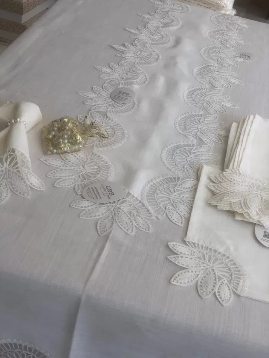 Sofra Takımı Lady Gardenya Keten Yemek Takımı 160x220 Masa Seti 26 Parça Runner Set Krem