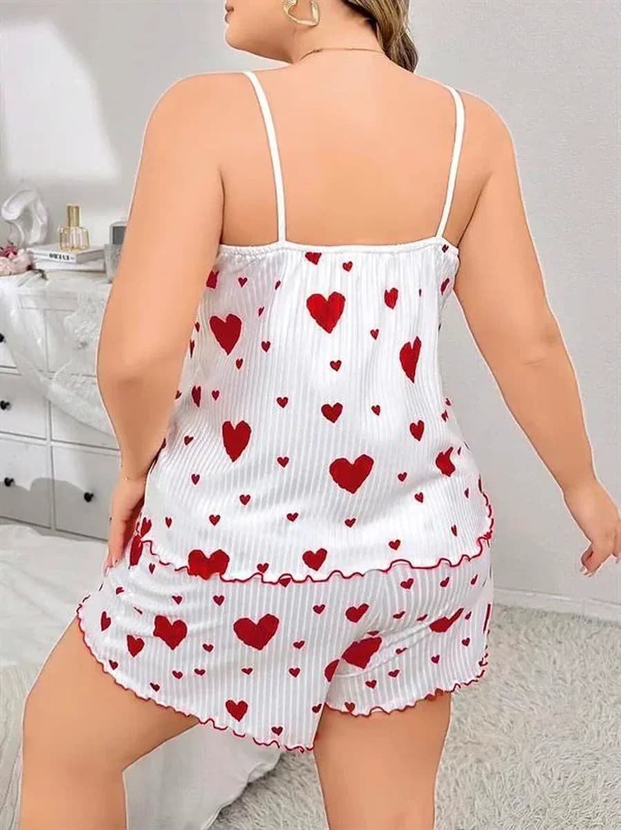 Büyük Beden Kalp Desen Pamuklu Şortlu Pijama Takımı