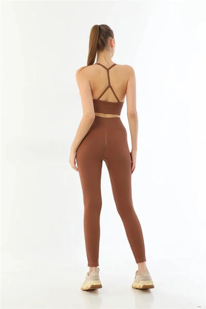 Kahve MI 3921 Soft Seamless Ripli Tayt Yoga Takımı