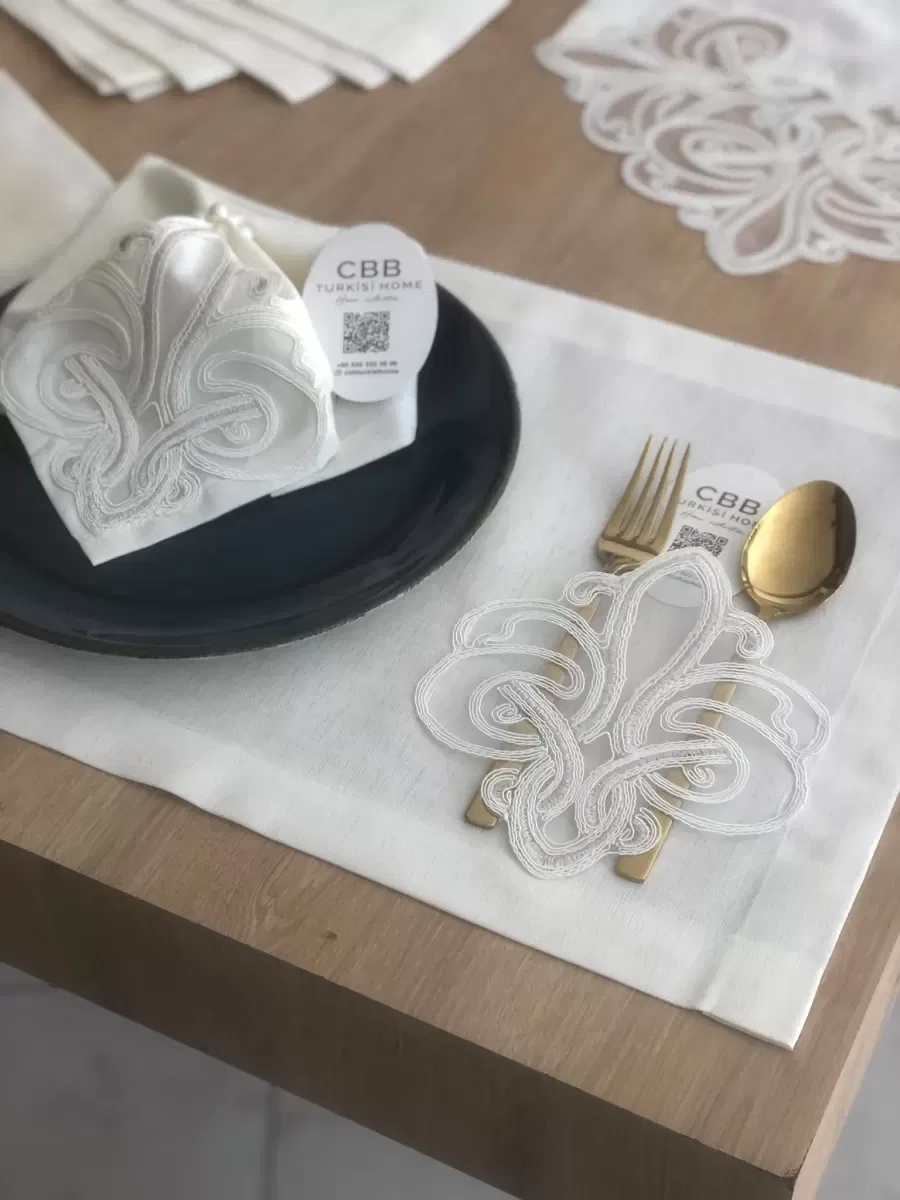 Sofra Takımı Taç Gardenya Keten Yemek Takımı 160x260 Masa Seti 26 Parça Runner Set Krem