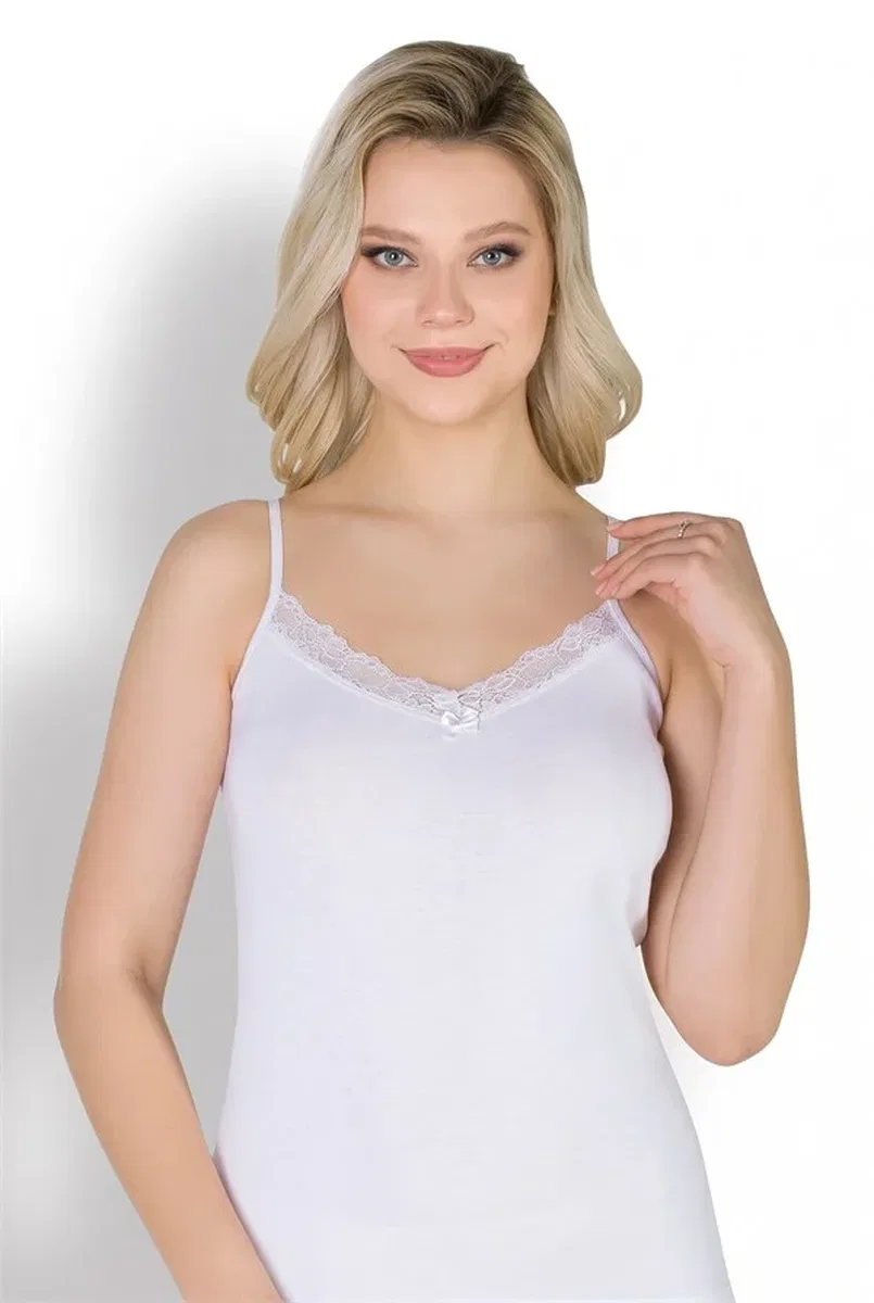Pamuklu Ribana İp Askılı V Yaka Dantel Beyaz Kadın Atlet