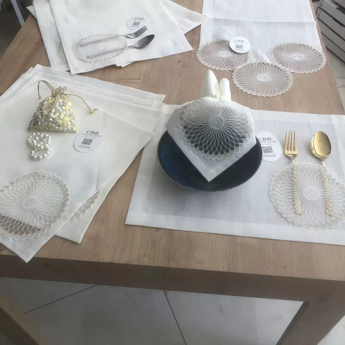 Sofra Takımı Planet Gardenya Keten Yemek Takımı 160x260 Masa Seti 26 Parça Runner Set Krem