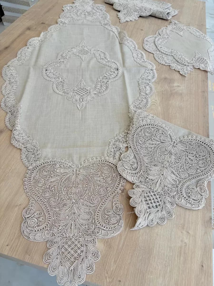 Salon Takımı Çeyizlik Krem Runner Set 5 Parça Keten Masa Örtüsü Runneri Gerdan