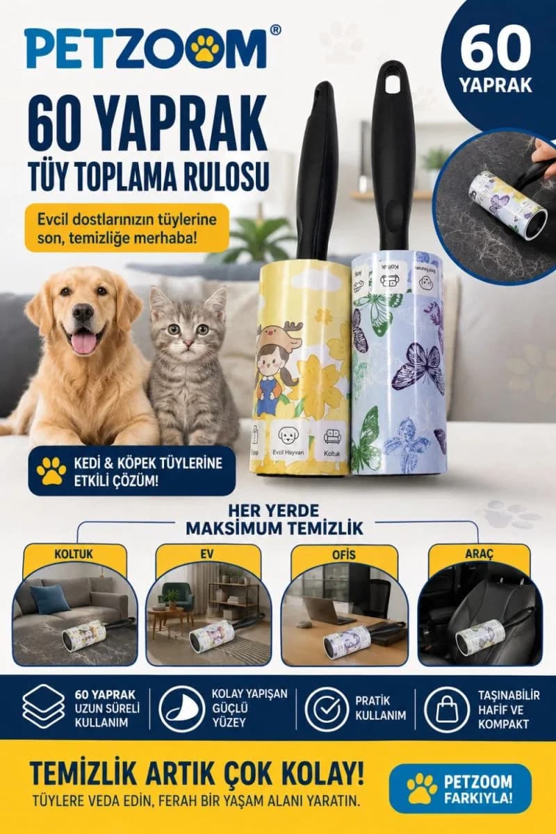 60 Yaprak Tüy Toplama Rulosu Kedi Köpek Tüy Toplayıcı Ev Koltuk Araç Ofis Temizlik Rulosu