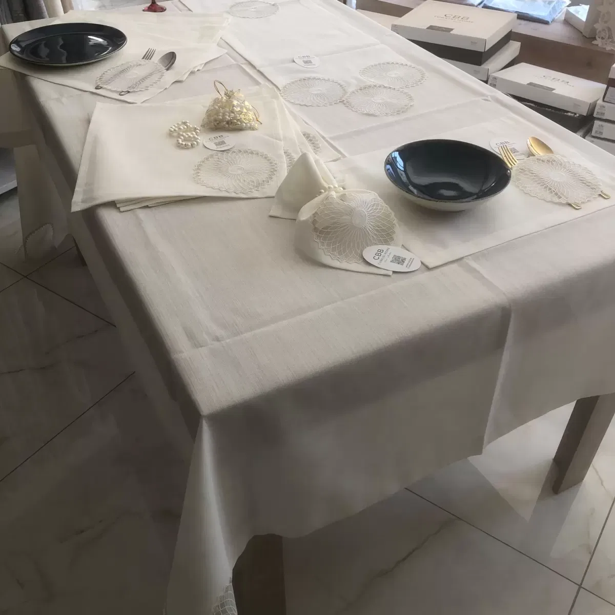 Sofra Takımı Planet Gardenya Keten Yemek Takımı 160x260 Masa Seti 26 Parça Runner Set Krem