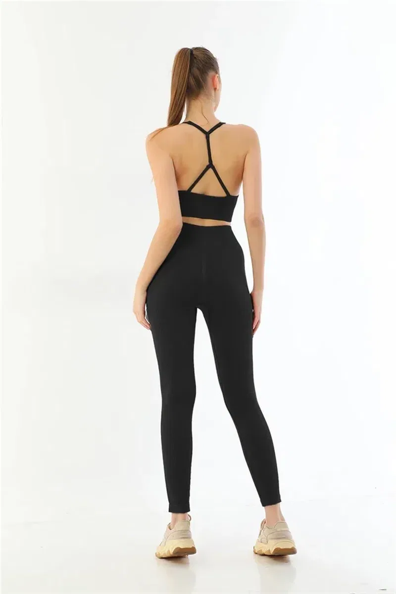 Siyah MI 3921 Soft Seamless Ripli Tayt Yoga Takımı