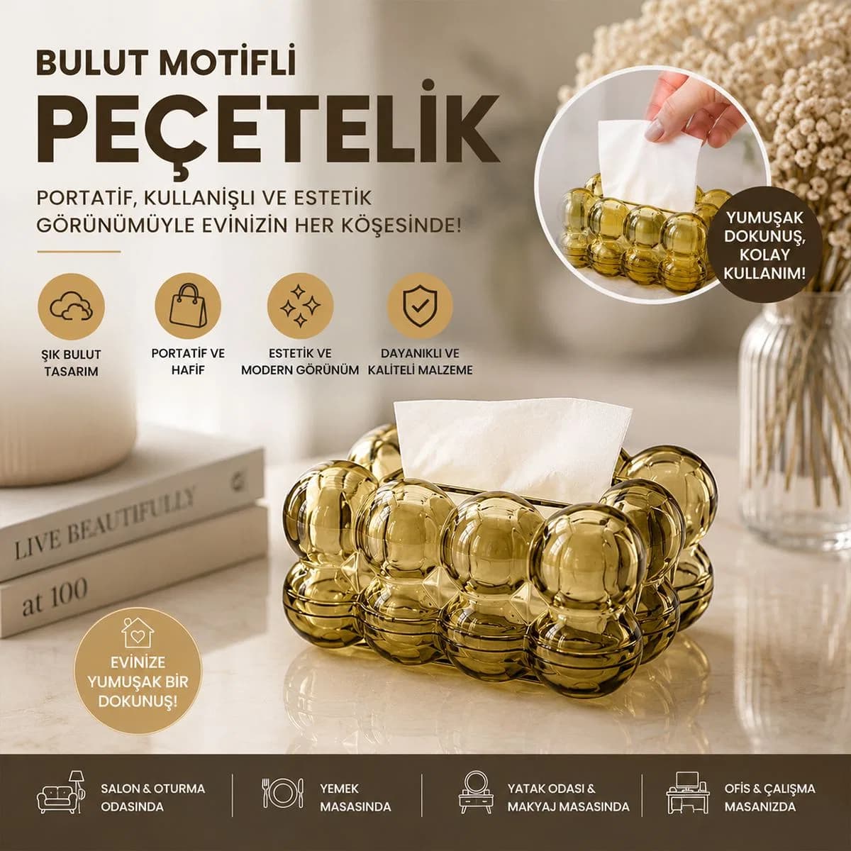 Dekoratif Masaüstü Bulut Peçetelik Şeffaf Yaylı 19x13x9. 5 cm