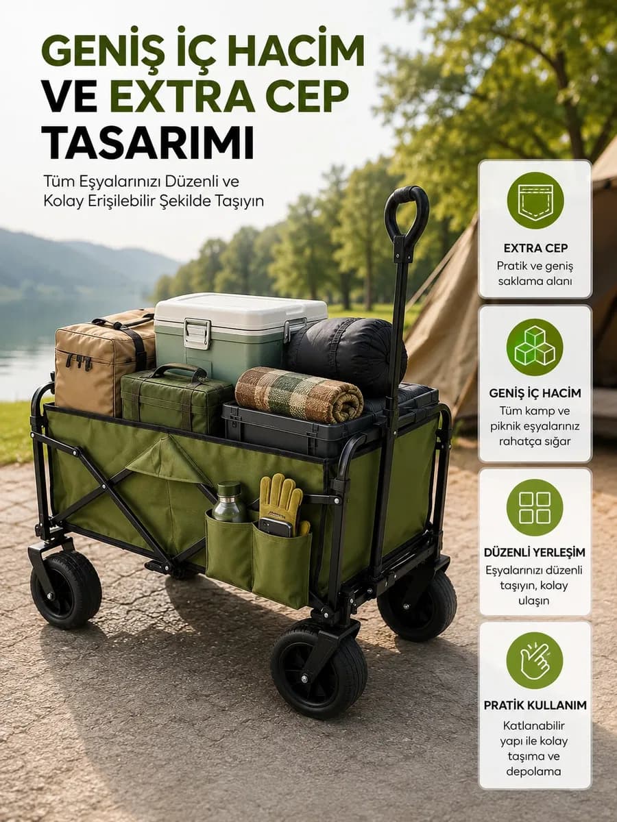 Geniş İç Hacimli Fren Sistemli Katlanabilir Kamp ve Piknik Arabası