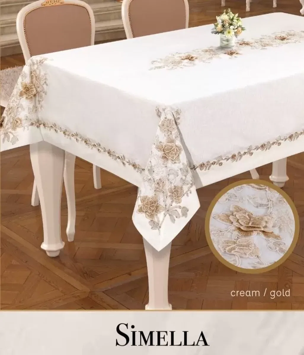 Simella Model Krem-God Detay 160x300 cm Keten Masa Örtüsü Modern Tasarım