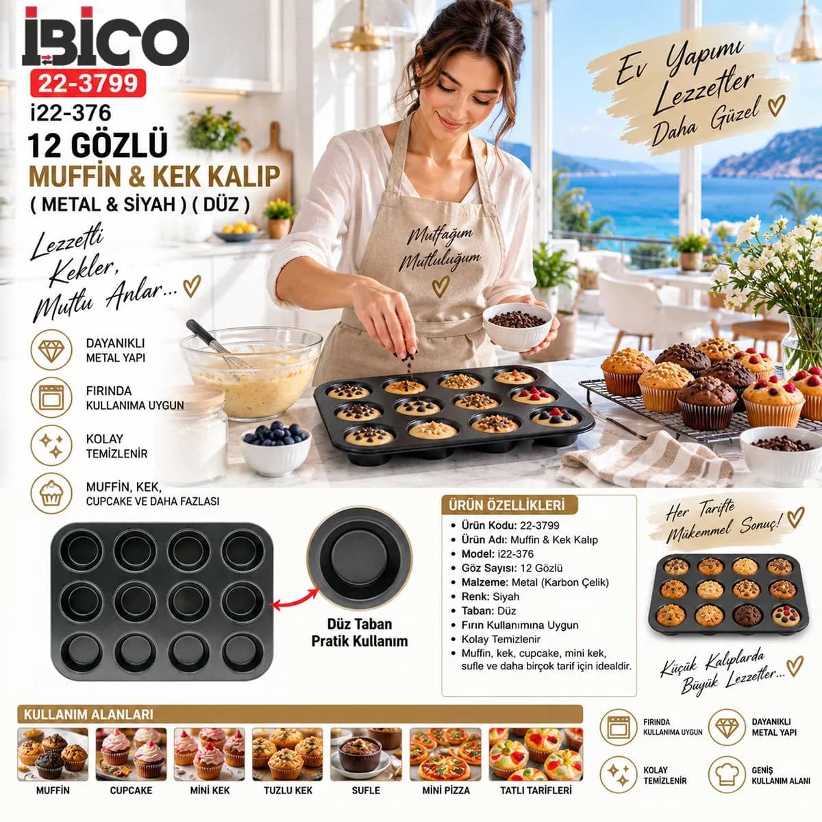 12 Gözlü Metal Muffin Kek Kalıbı - Siyah (Düz)