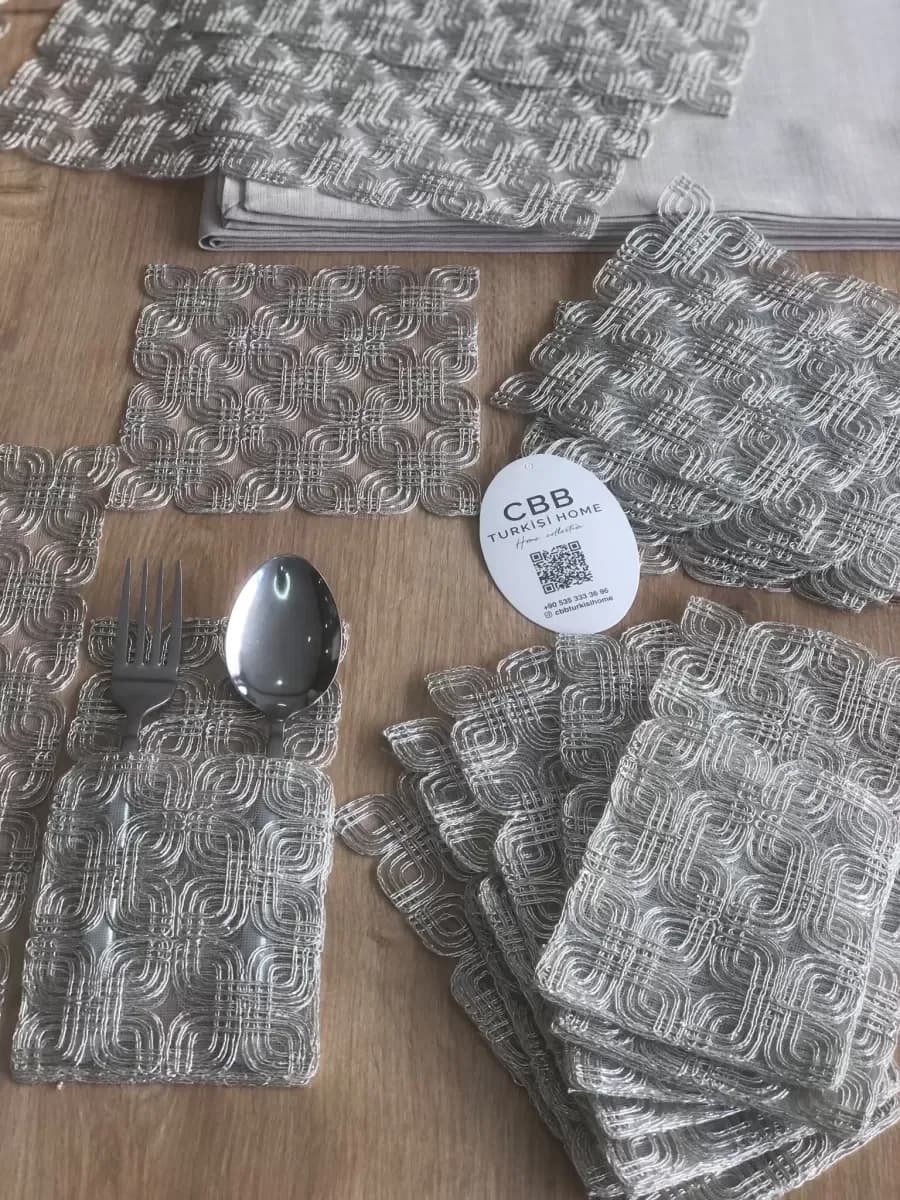 Sofra Takımı Orion Gardenya Keten Yemek Takımı 160x260 Masa Seti 26 Parça Runner Set Platin
