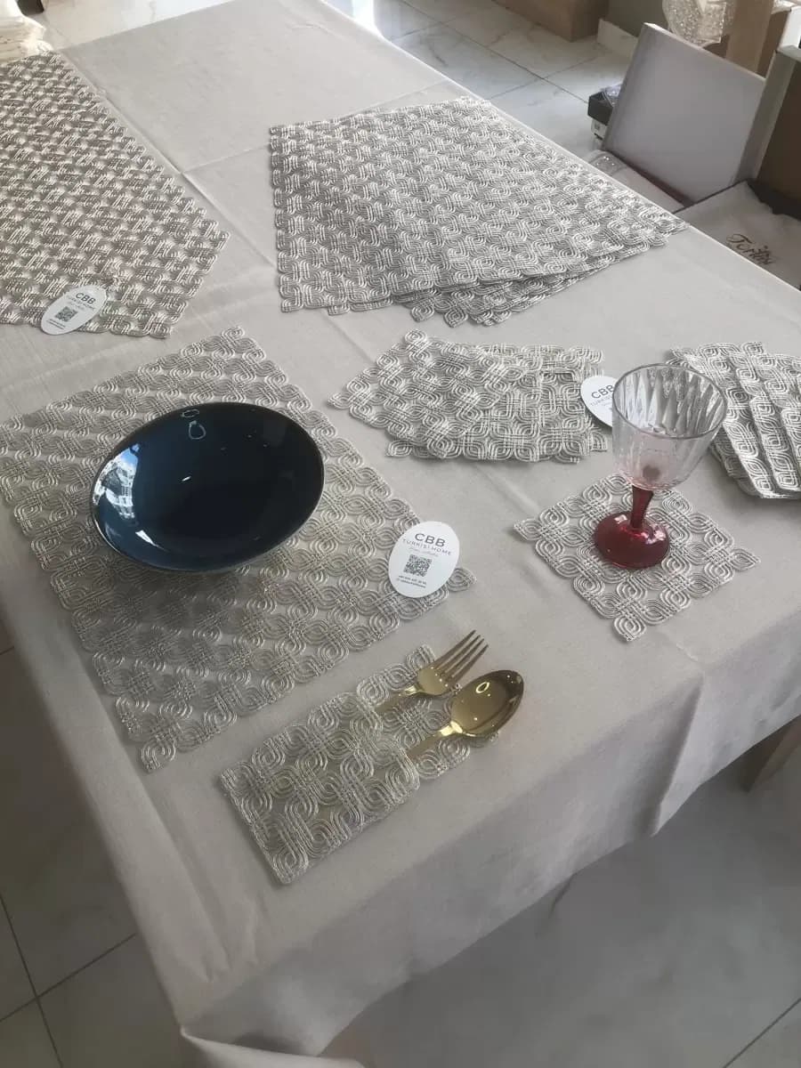 Sofra Takımı Orion Gardenya Keten Yemek Takımı 160x260 Masa Seti 26 Parça Runner Set Platin