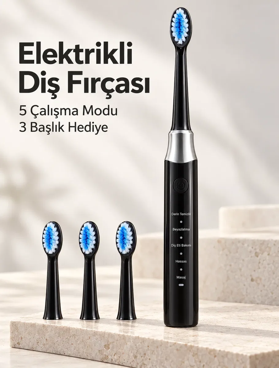Hassas ve Masaj Modlu Siyah Elektrikli Diş Fırçası USB Şarjlı 3 Başlık Hediyeli