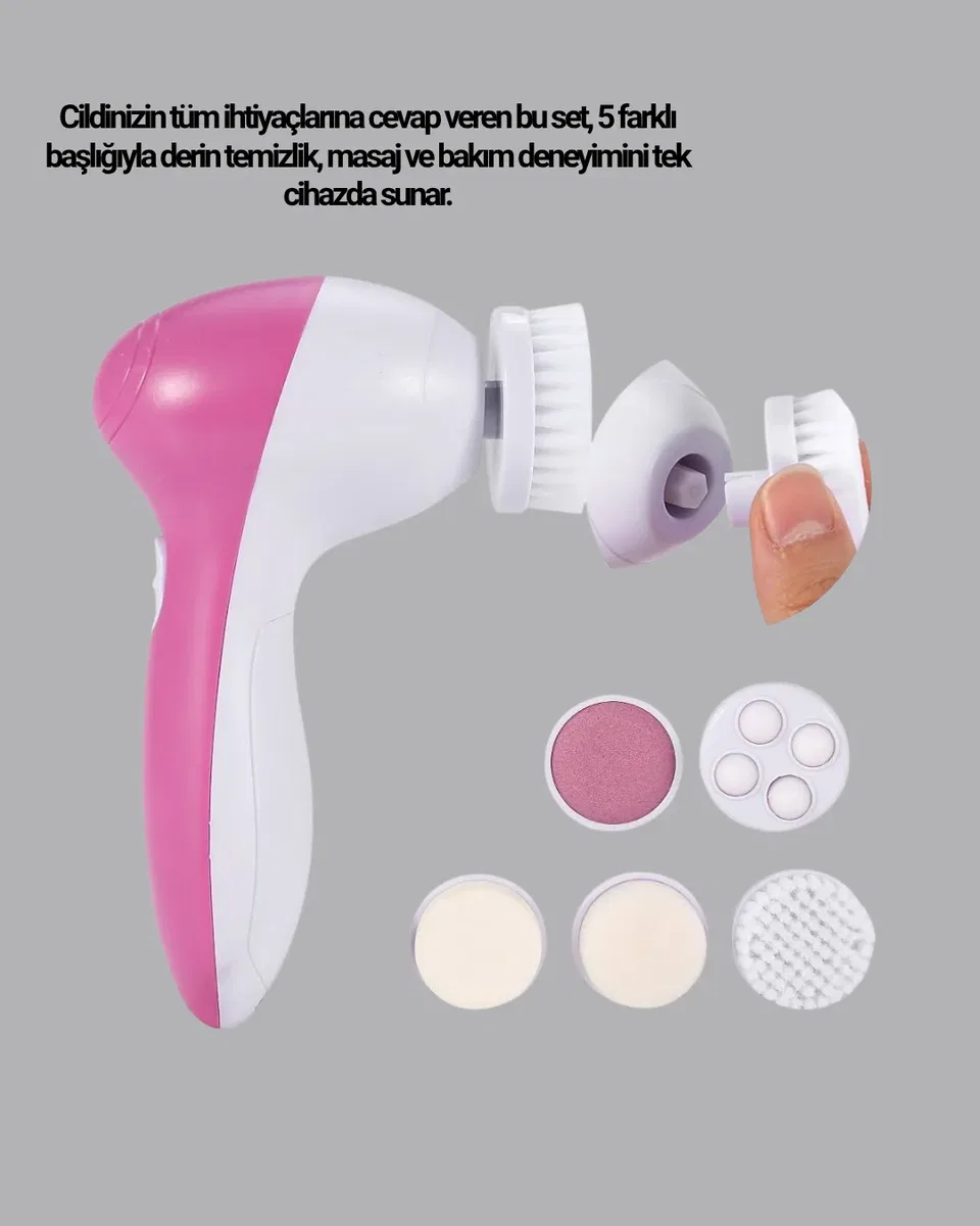 5’i 1 Arada Yüz Temizleme Cihazı – Masaj, Fırça, Peeling ve Krem Uygulama Aparatlı