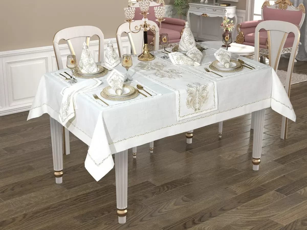 Sofra Takımı Valeron Gardenya Keten Yemek Takımı 160x260 Masa Seti 26 Parça Pullu Boncuklu Krem