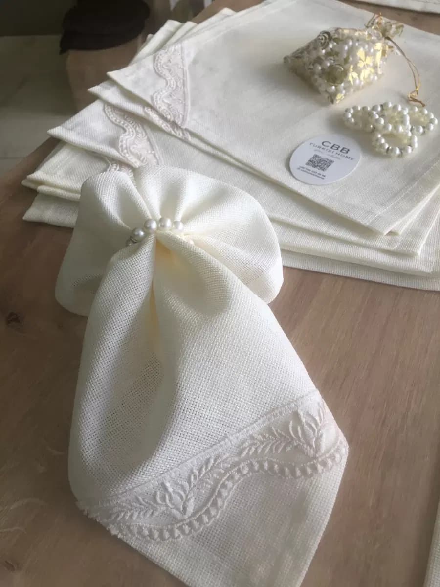 Sofra Takımı Lina Gardenya Keten Yemek Takımı 160x260 Masa Seti 26 Parça Runner Set Krem