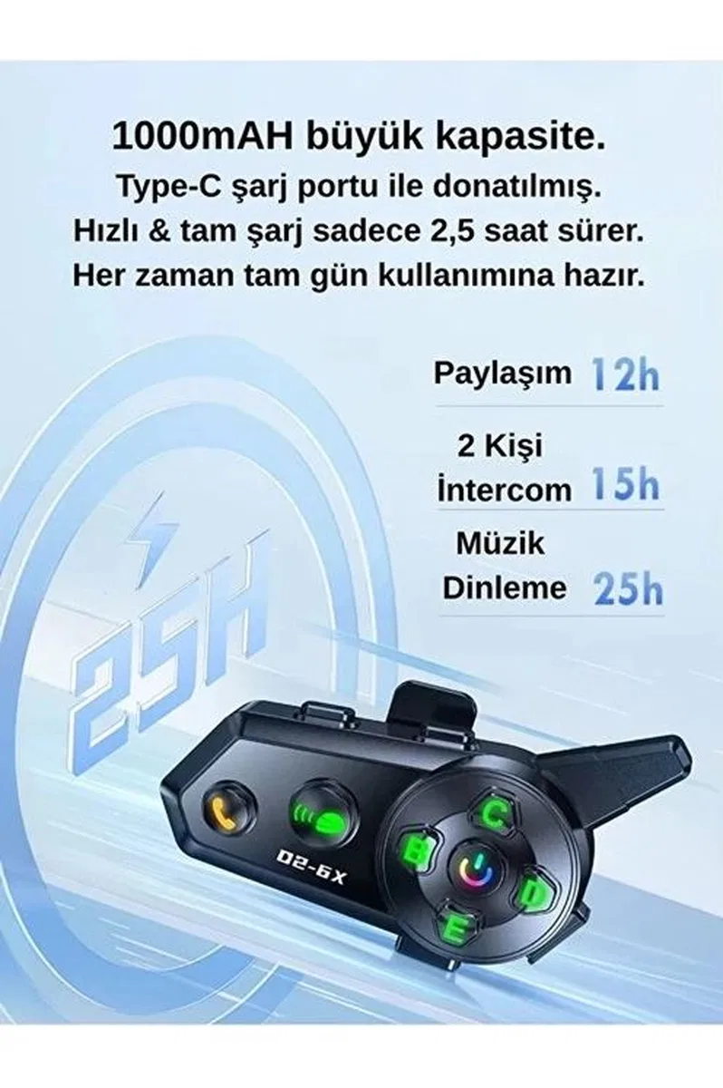 D2-6x 1000m Mesafeli 6 Klı İntercom Bluetooth Motosiklet Kask Kulaklığı İntercom Kulaklık