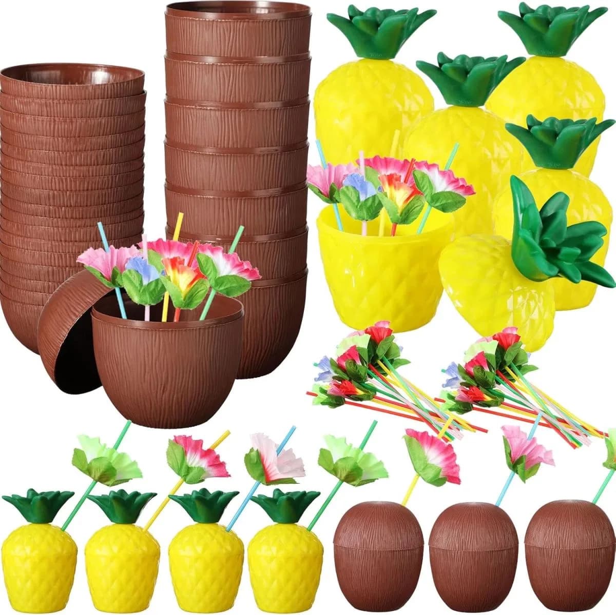 Ananas Hindistan Cevizi Tasarımlı Pipetli Bardak Seti (6 Adet)