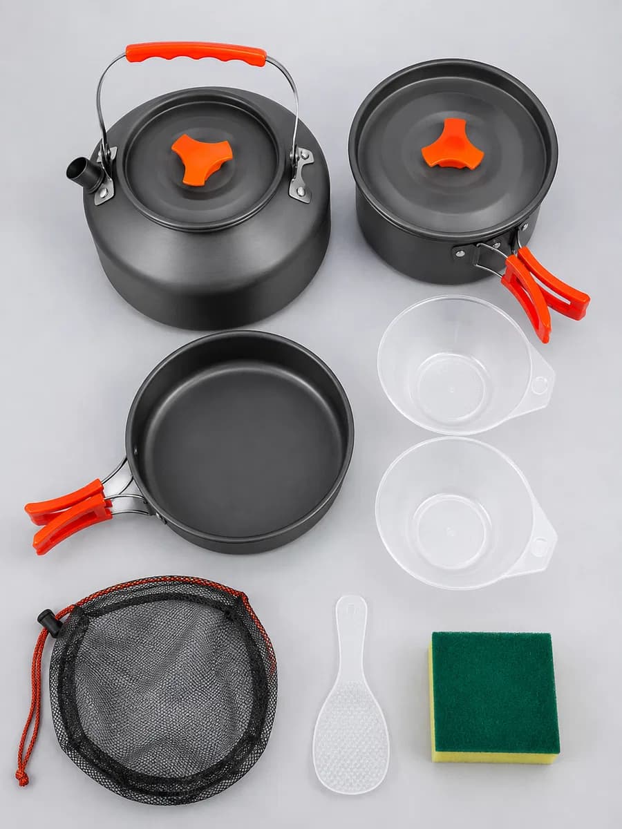 Alüminyum Kamp Pişirme Seti Katlanabilir Kulplu Çaydanlık Tencere Tava Outdoor Yemek Seti