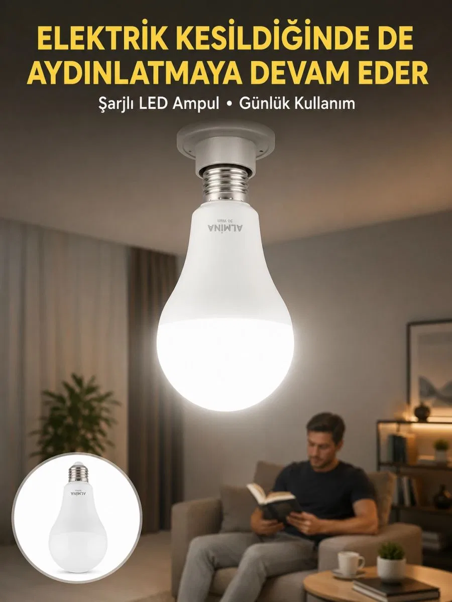 Acil Durumlar İçin Şarjlı Led Ampul 6400k Soğuk Beyaz 30 Watt Yeni Nesil