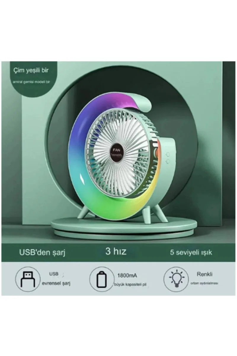Masaüstü Vantilatör Usb Şarjlı Rgb Led Işıklı 3 Kademeli 180° Ayarlanabilir Soğutucu Fan Yeşil