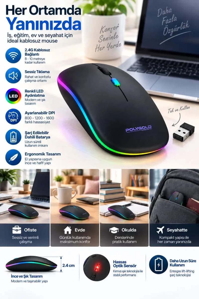 İnce Ergonomik Tasarım 2. 4g Kablosuz Led Mouse