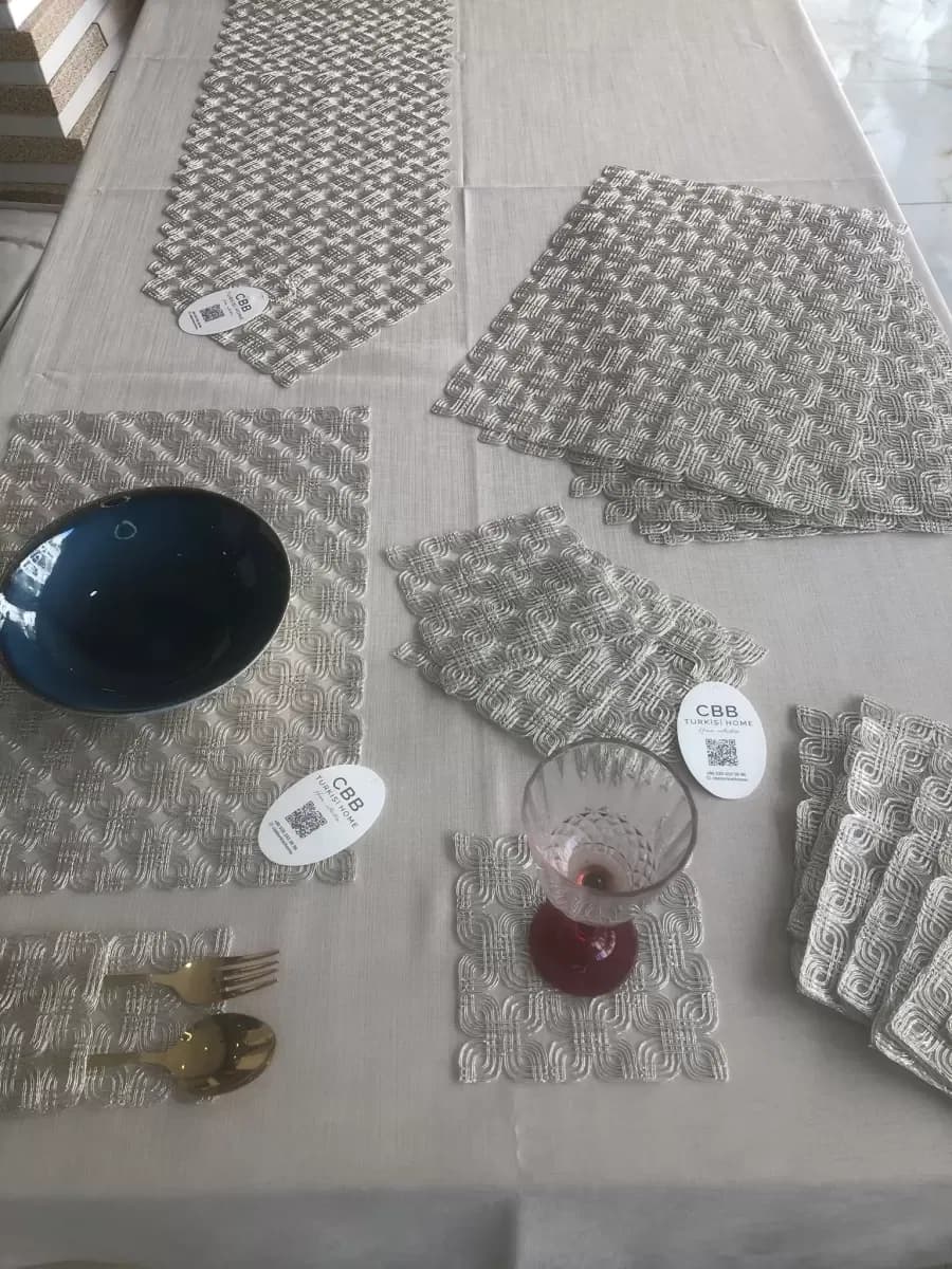 Sofra Takımı Orion Gardenya Keten Yemek Takımı 160x260 Masa Seti 26 Parça Runner Set Platin