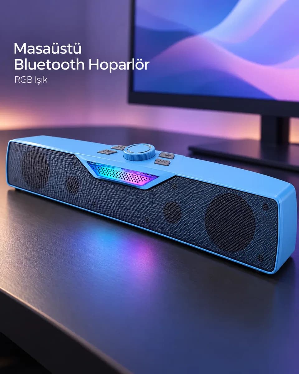 RGB Işıklı Bluetooth 5. 4 Masaüstü Soundbar Hoparlör USB ve TF Kart Destekli Mavi