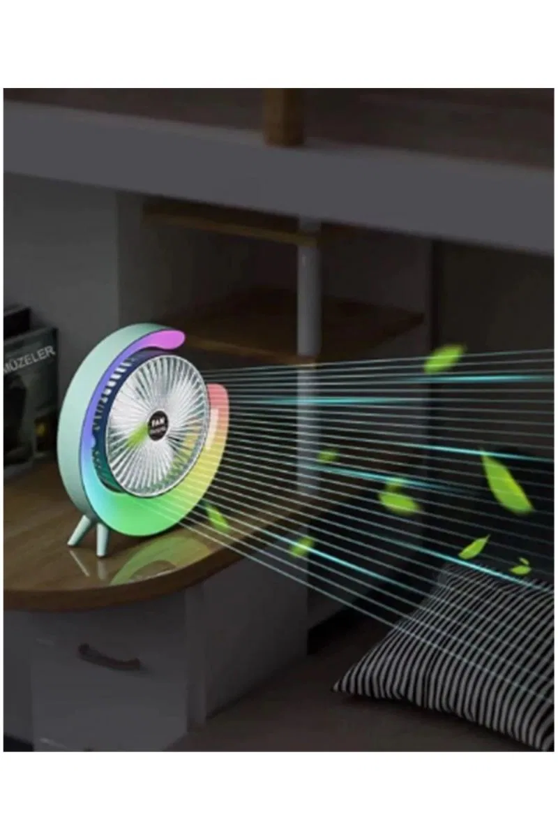 Masaüstü Vantilatör Usb Şarjlı Rgb Led Işıklı 3 Kademeli 180° Ayarlanabilir Soğutucu Fan Mavi