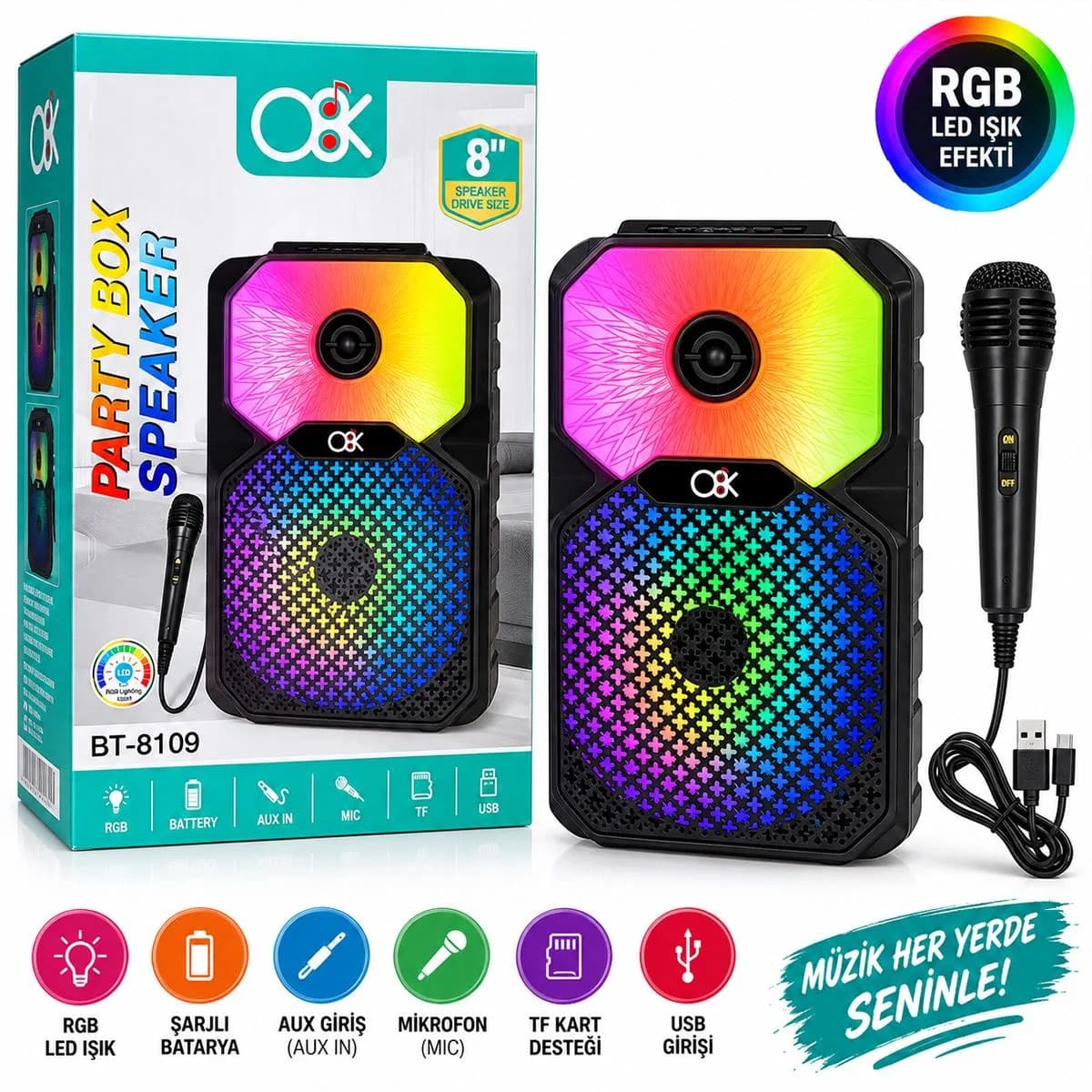 8 inç Bluetooth Mikrofonlu Karaoke Hoparlör (Şarjlı, RGB)