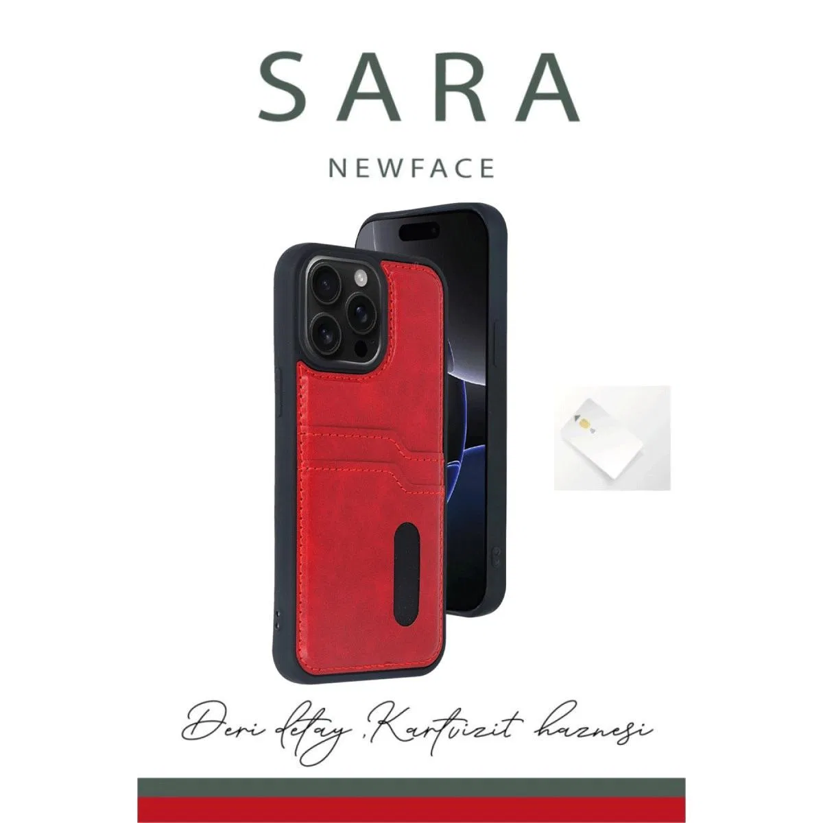 Apple İphone 16 Kılıf Sara Kartvizitli Deri Kılıf - Kırmızı
