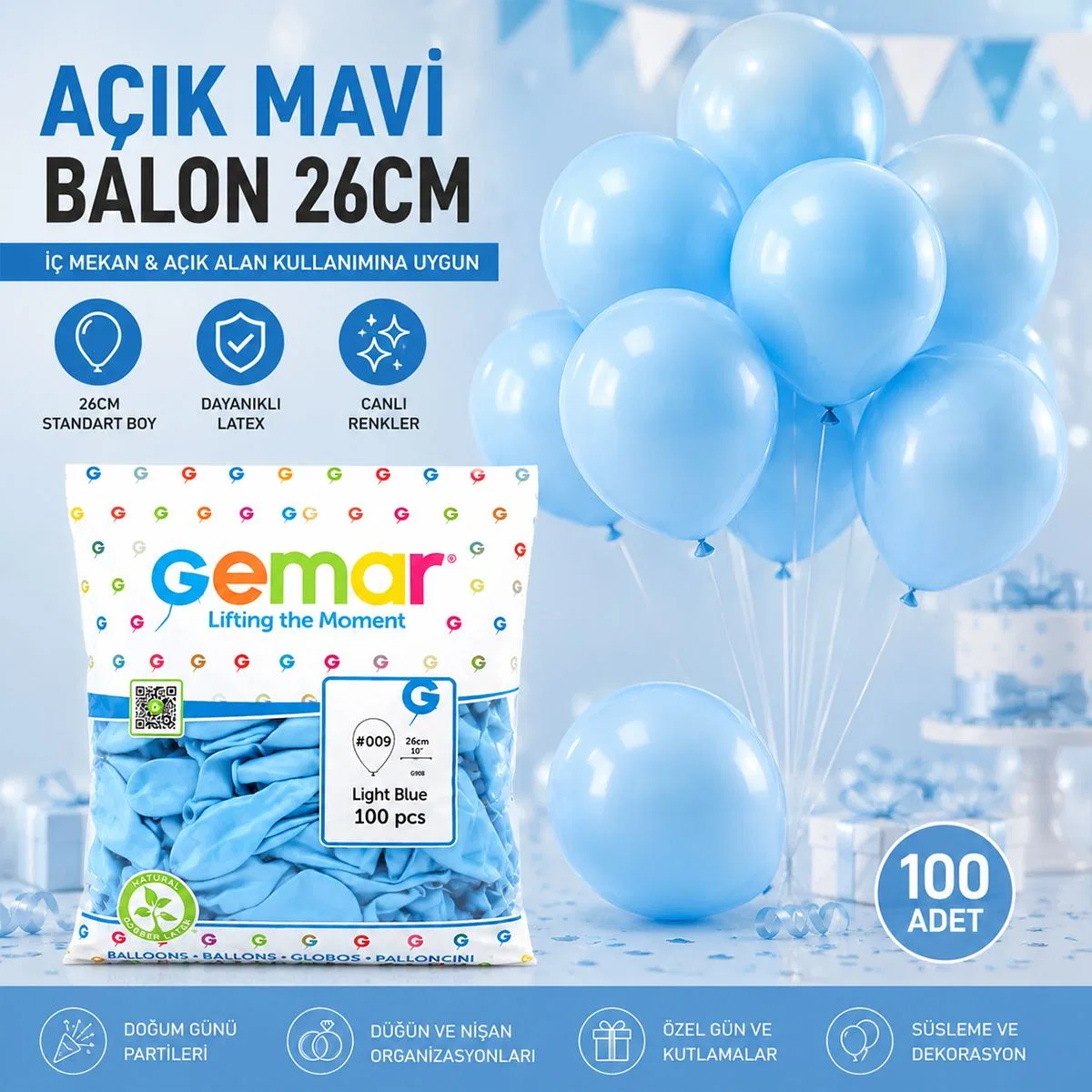 Açık Mavi 10 İnç (26 cm) Latex Balon 100'lü