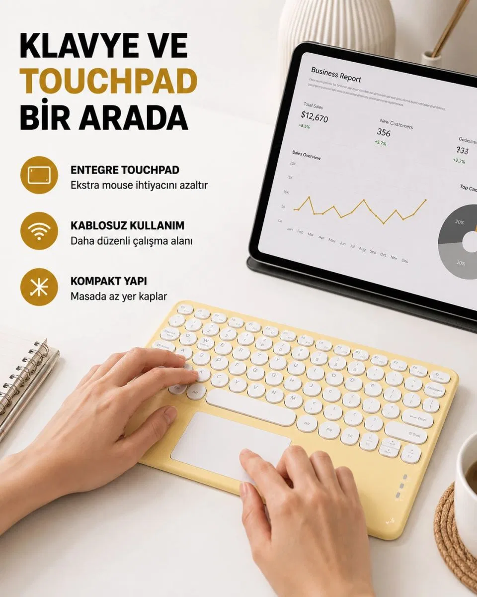 Bluetooth Klavye – Kablosuz, Sessiz Tuşlu, Android İos Windows Uyumlu, Kompakt Taşınabilir Tasarım