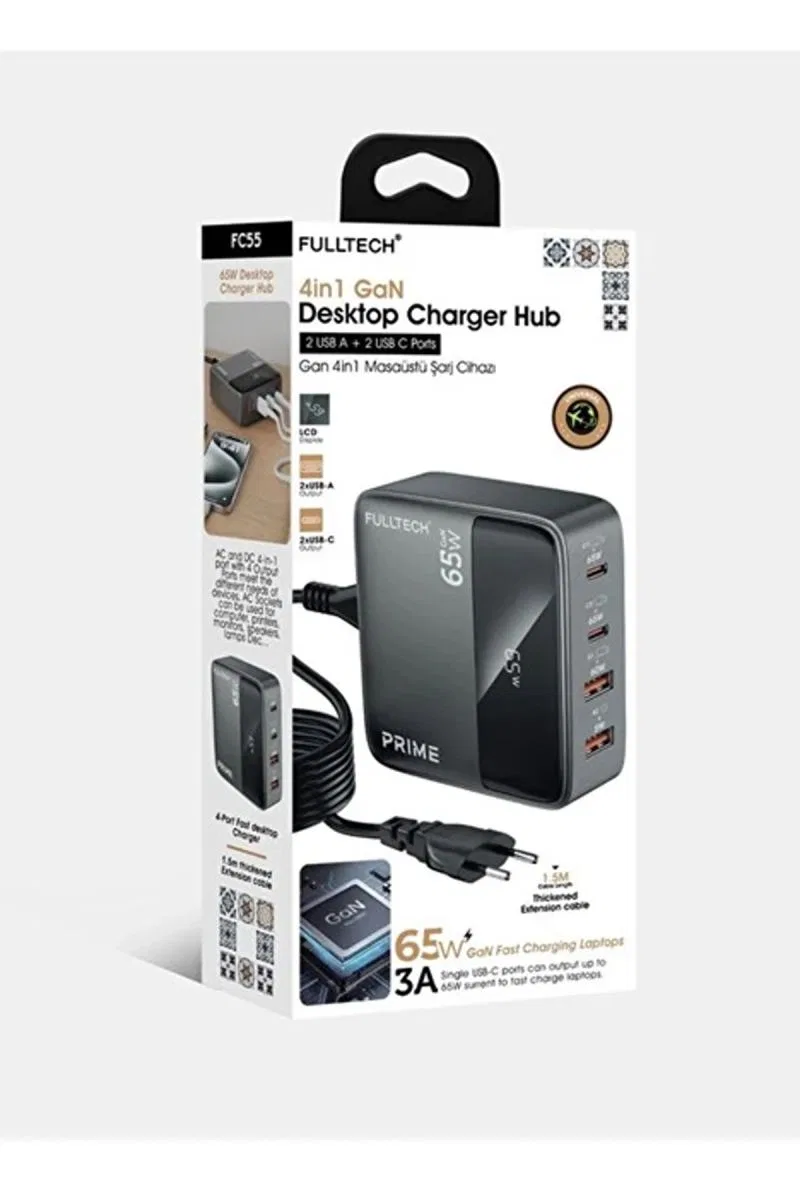65w Masaüstü 4 Portlu Hızlı Şarj Cihazı İstasyonu 2xusb-a, 2xtype-c Giriş, 1, 5 Mt. Kablo