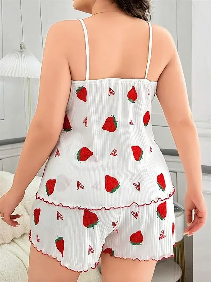 Büyük Beden Çilek Desen Pamuklu Şortlu Pijama Takımı
