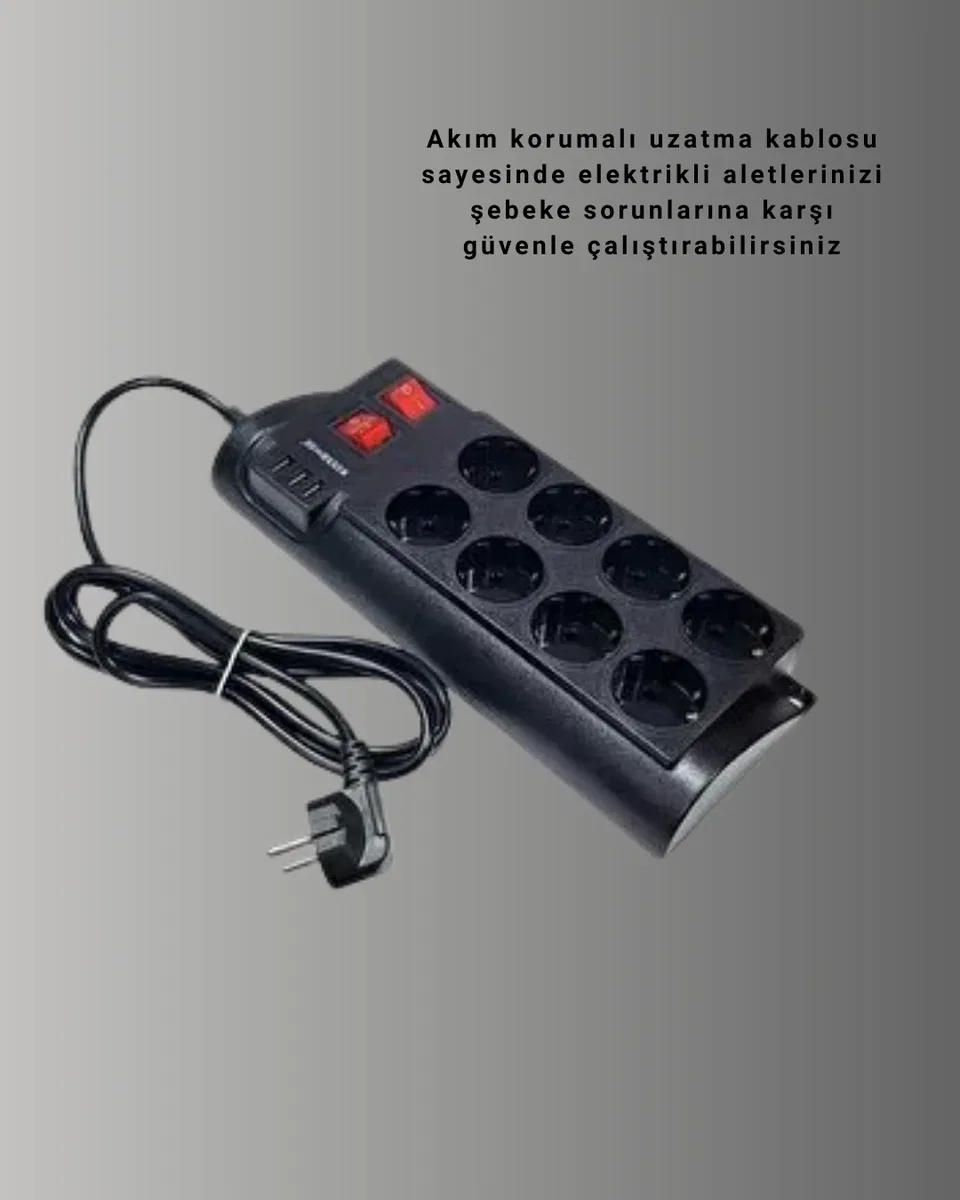 Güçlü Termal Korumalı 8 Priz + 3 USB Çoklu Uzatma Kablosu 2m