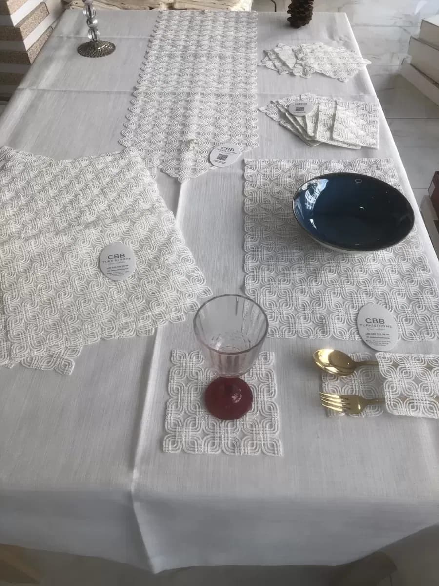 Sofra Takımı Orion Gardenya Keten Yemek Takımı 160x260 Masa Seti 26 Parça Runner Set Krem