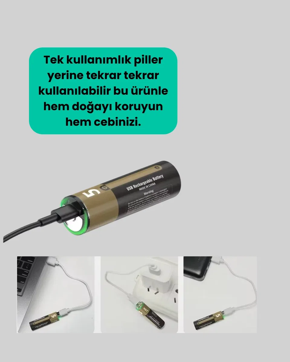 USB Type-C Girişli Şarjlı AA Lityum Pil | 1. 5V Sabit Çıkış | 3200mWh (2'li Paket)