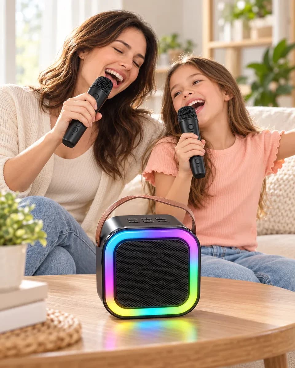 Çift Kablosuz Mikrofonlu LED Işıklı Bluetooth Karaoke Hoparlör Seti