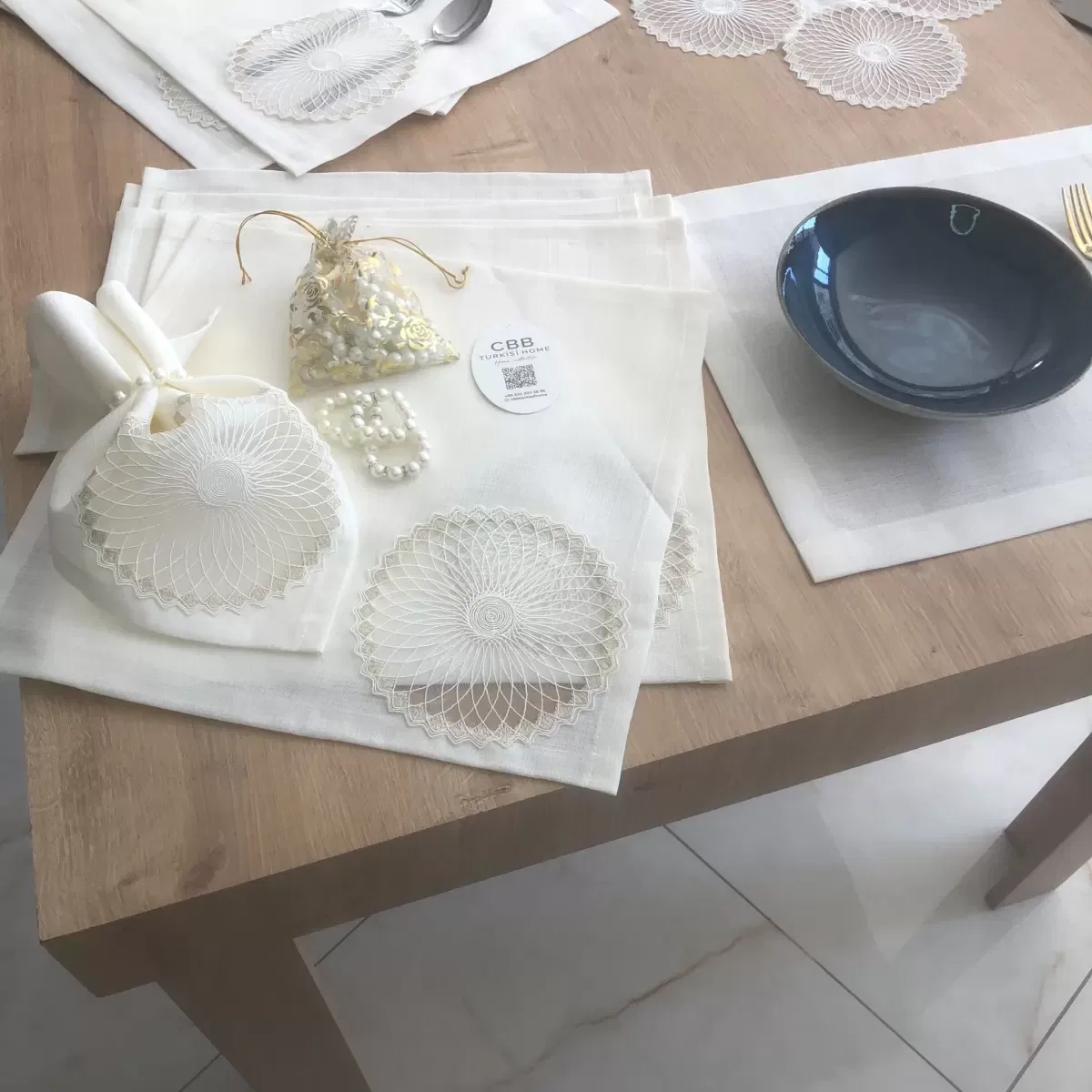 Sofra Takımı Planet Gardenya Keten Yemek Takımı 160x260 Masa Seti 26 Parça Runner Set Krem