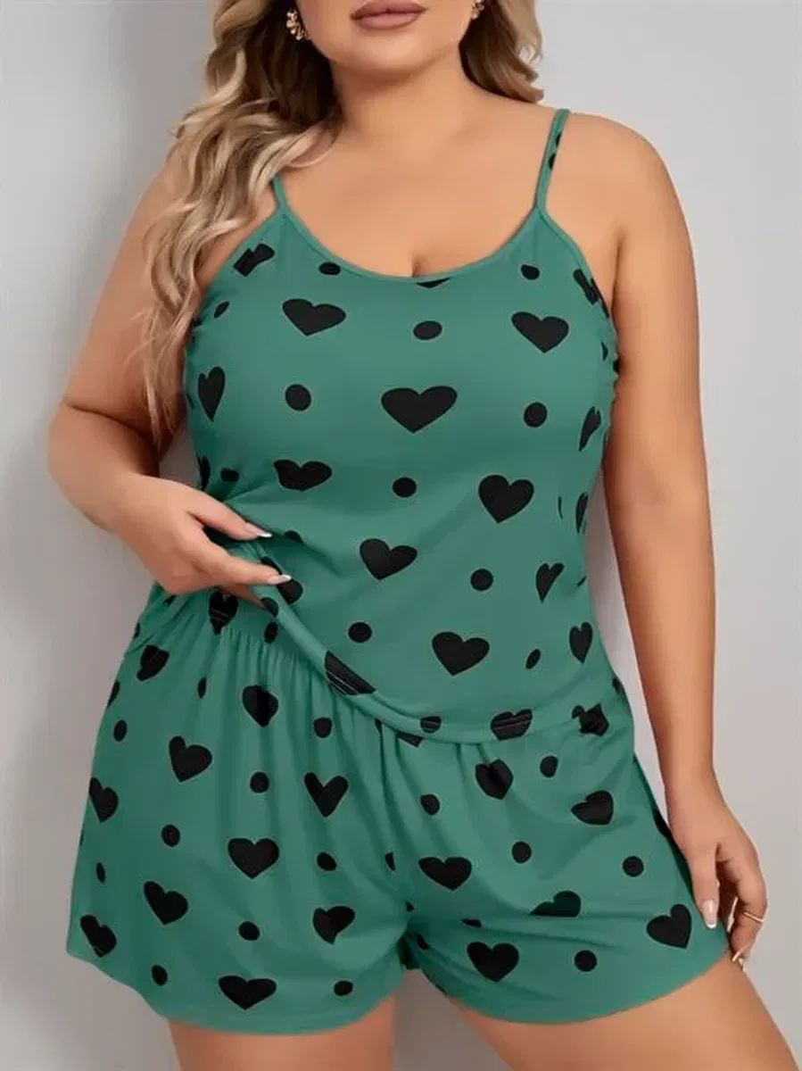 Büyük Beden Yeşil Kalp Desen Pamuklu Şortlu Pijama Takımı