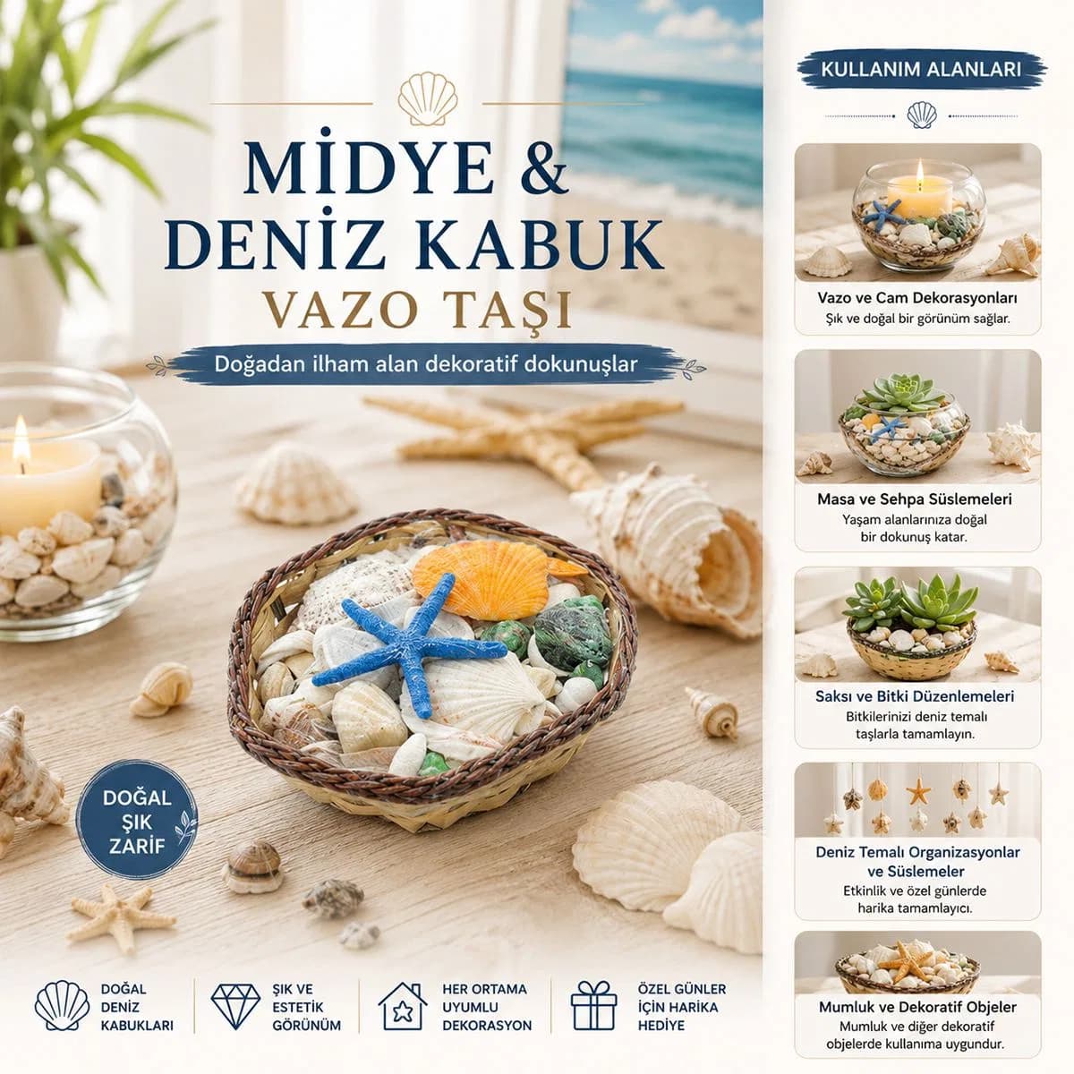 Midye ve Deniz Kabuğu Vazo Taşı Ahşap Sepetli